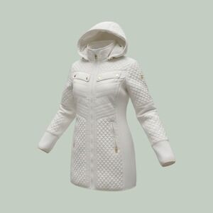 Michael Kors Womens White Quilted Hooded Puffer Jacket Gold Hardware Size L